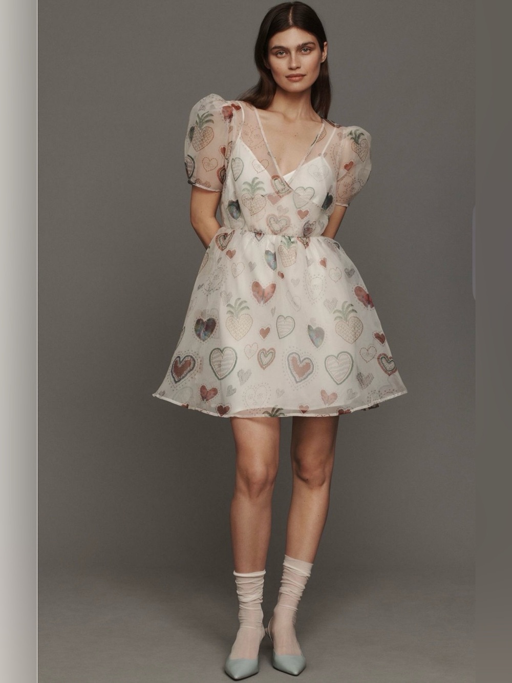 FARM Rio White Semi-Sheer Puff-Sleeve Mini Dress Pastel Heart & Pineapple Print